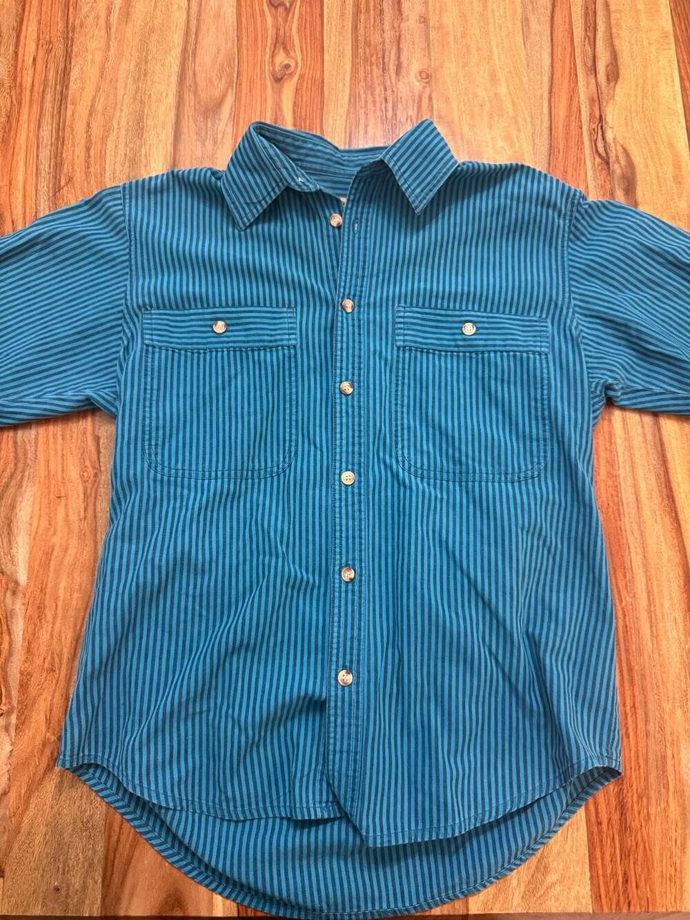 Cabela's Vintage Teal Striped Short Sleeve Button Down Shirt Medium